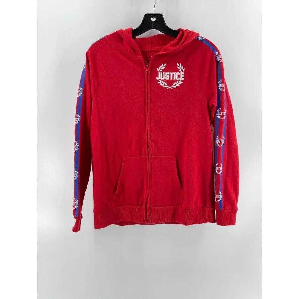 Justice Girl's Red Graphic Hooded Sweatshirt Hoodie Long Striped Sleeves 14/16